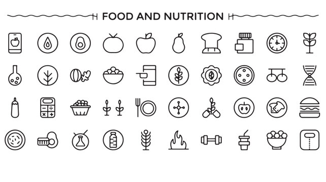 Healthy Eating Nutrition Icons: Wellness and Diet Symbols for Fitness Apps, Meal Prep, and Healthcare Concepts