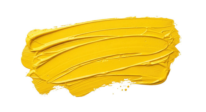Thick horizontal smear of bright yellow oil paint with visible brush stroke texture, isolated on transparent background