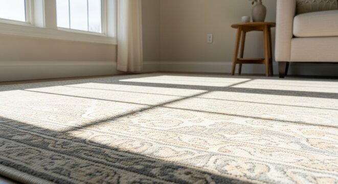 Cozy living room carpet with intricate patterns bathed in natural light and soft shadows, low angle view highlighting texture and warmth
