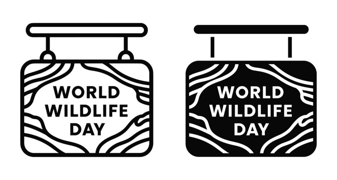 World wildlife day icon set featuring hanging wooden sign boards with organic patterns in outline and solid black styles
