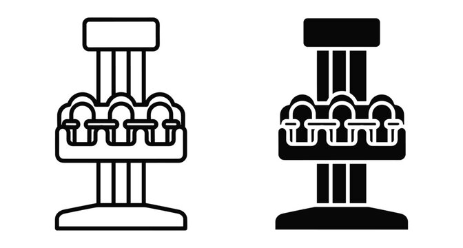 Amusement park drop tower ride icon set featuring outline and solid black versions for fairground attraction and theme park design