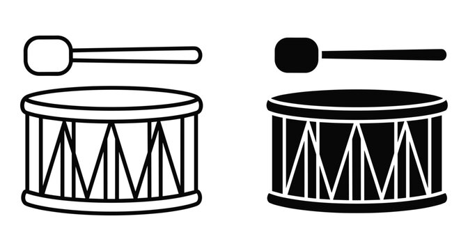 Drum icon set with mallet and stick featuring outline and solid silhouette styles for music apps percussion instruments and rhythm design