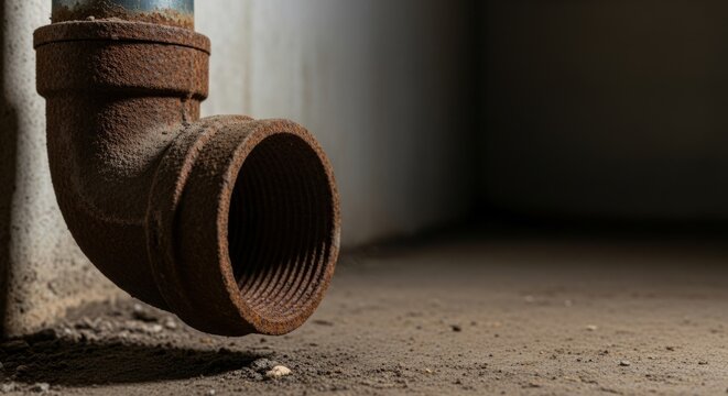 Rusty cast iron pipe elbow in dimly lit basement with industrial texture and copy space for design