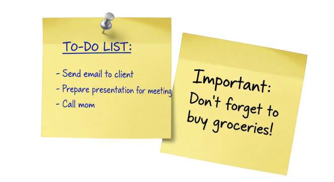 Two yellow sticky notes with handwritten to-do list and important reminder, attached with a metal push pin, isolated on