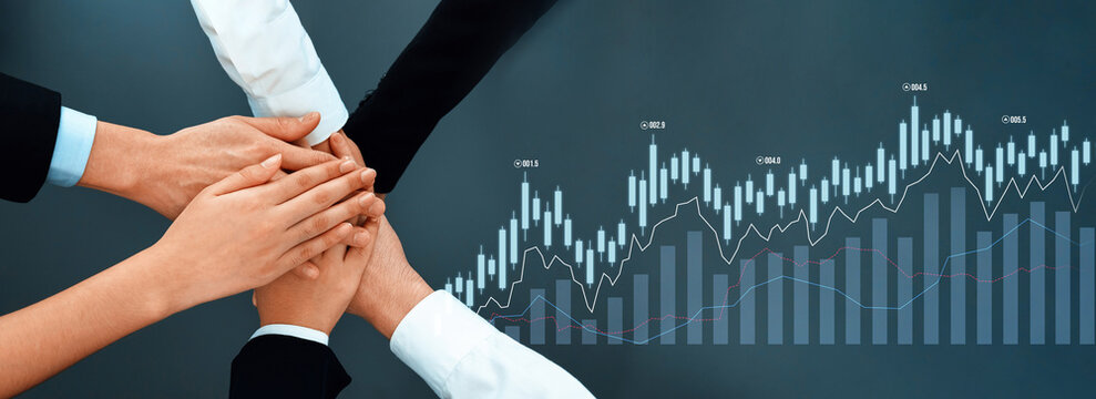 Teamwork is essential for success. This image showcases diverse hands coming together, symbolizing support and unity against a background of financial growth. Scalp