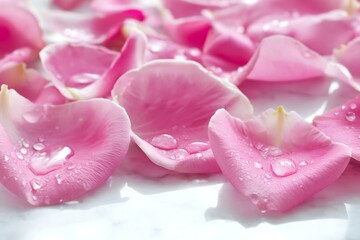 Fototapeta premium Pink Rose Petals With Water Drops on a Smooth Surface in Natural Light