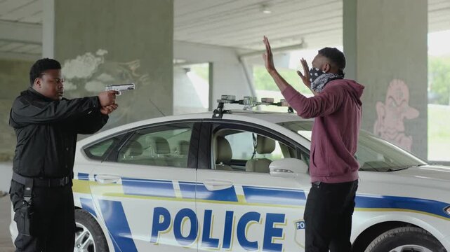 Serious policeman with pistol standing near the car with a robber in handcuffs arrest bad guy crime danger dangerous gangster gun illegal law pistol teamwork safety security emergency slow motion