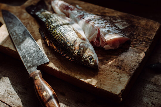 Raw fish fillet preparation on rustic wooden board with knife natural light