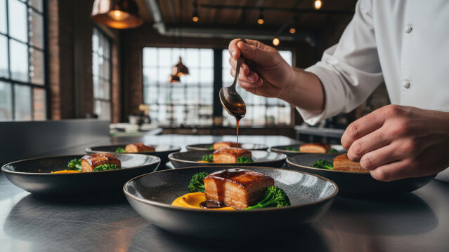 Professional chef plating gourmet pork belly with sauce in a busy restaurant kitchen.