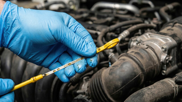 Automotive professional checking car engine oil level with a dipstick during maintenance.