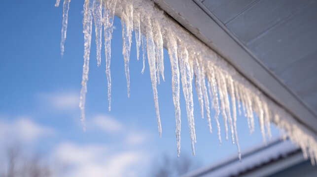 Icicles hanging from a roof edge against a blue winter sky