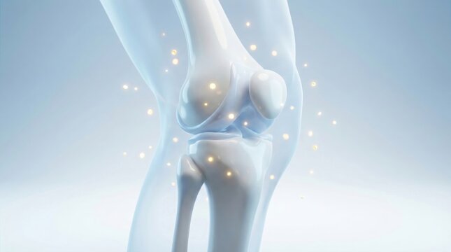 Healthy human knee joint anatomy with glowing elements symbolizing protection and care.