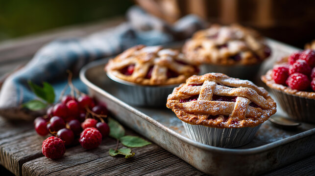 Rustic textured composition of a galvanized tray of berry pies in mini ramekins with lattice tops dusted with sugar and a softly defocused picnic blanket behind berry pies