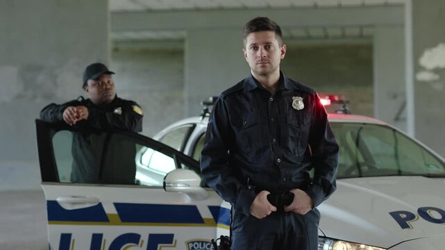 Close up two young men cops stand near patrol car look at camera enforcement happy officer police uniform auto safety security communication control policeman portrait slow motion