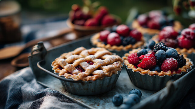 Rustic textured composition of a galvanized tray of berry pies in mini ramekins with lattice tops dusted with sugar and a softly defocused picnic blanket behind berry pies