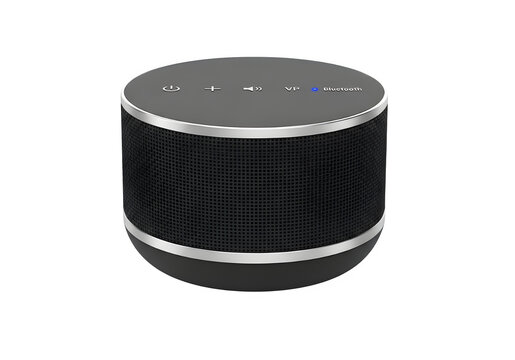 Black wireless bluetooth speaker with silver accents on a transparent background