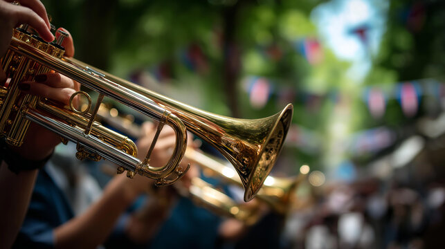 Eye level shot of a marching band's brass section in motion with polished trumpets gleaming and flag bunting overhead and a softly defocused crowd marching band trumpets