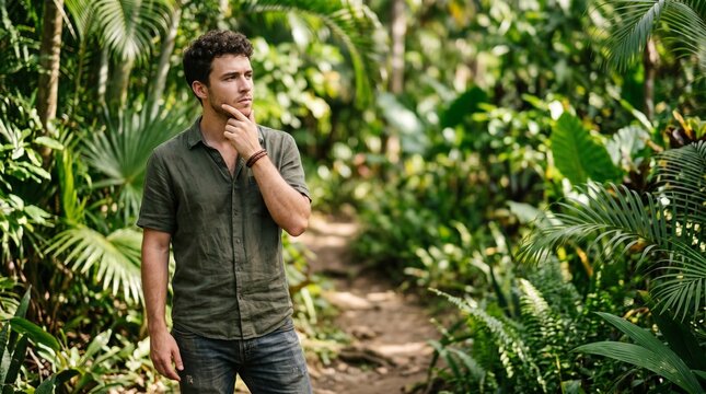 Young man standing outdoors looking thoughtful, hand on chin, tropical environment