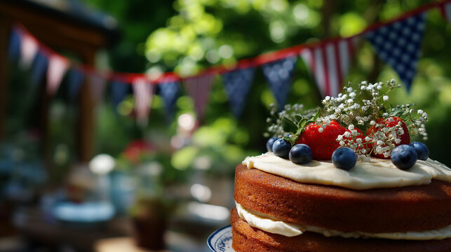 Side angle composition of a frosted layered cake with flag bunting in the background and a softly defocused garden party setting layered cake frosted flag bunting garden