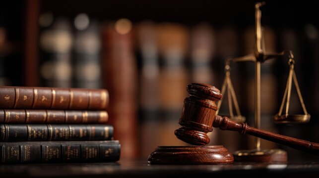 Wooden judge gavel and scales of justice on legal library desk