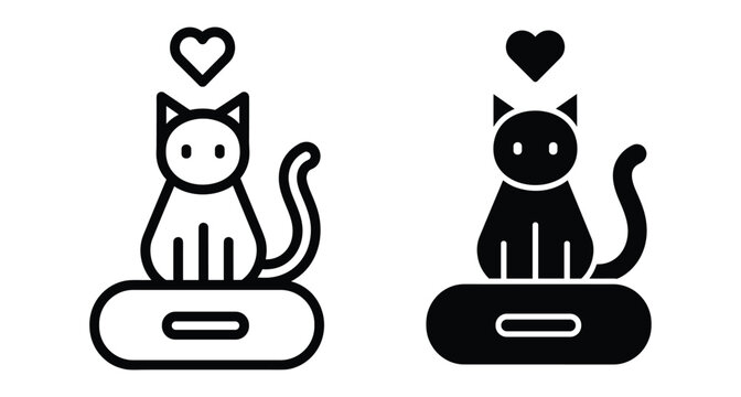 cat sitting on weighing scale with heart symbol above head representing pet health monitoring veterinary care and animal weight control