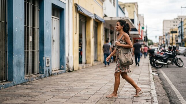 Brazilian woman walking on a street in Manaus with generic storefronts