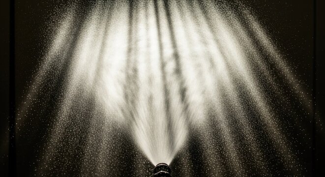 Water spray nozzle shoots powerful stream into dark background with dramatic lighting effects