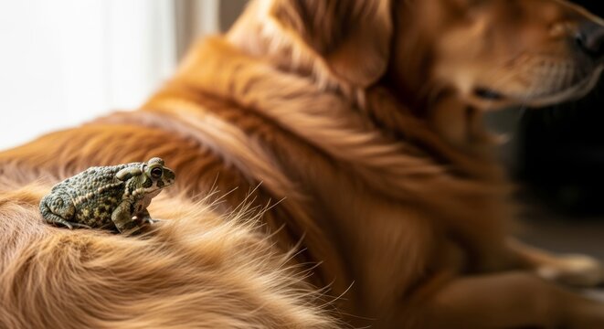 Small frog sits on a large golden retriever's back, highlighting trust and unusual friendship in a warm, domestic setting.