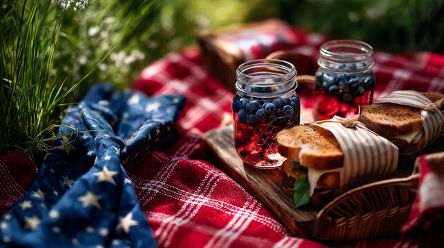 Overhead flat lay of a red checkered picnic blanket spread across grass holding sandwiches wrapped in parchment lemonade in mason jars blueberries and a folded napkin with