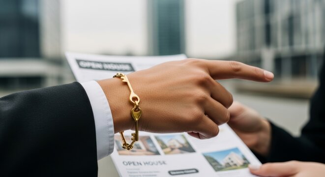 Realtor's hand with gold key bracelet points to open house flyer, symbolizing property sale and real estate success.