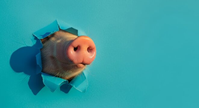 Pig snout peeking through torn blue paper, funny animal concept with ample copy space for marketing