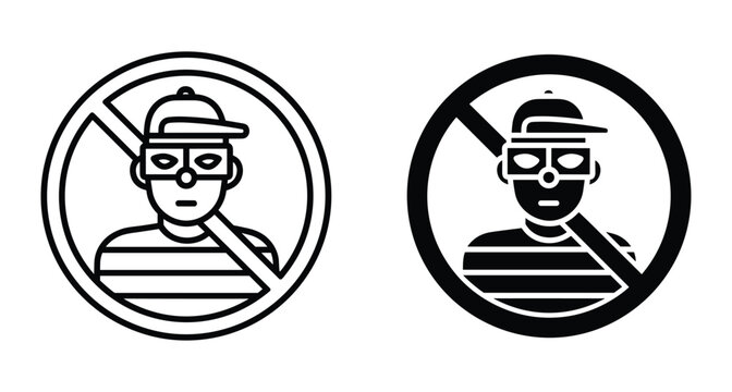 No thief sign icon set with burglar in mask and striped shirt inside prohibition circle for security and crime prevention