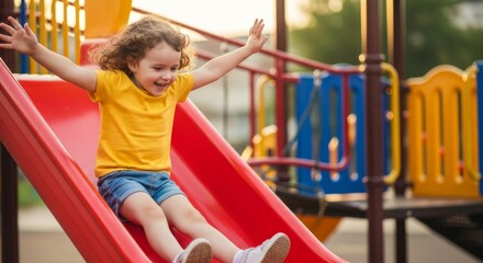 Fototapeta premium Joyful young girl with curly hair sliding down a vibrant red playground slide during golden hour, embodying carefree childhood fun and happiness.