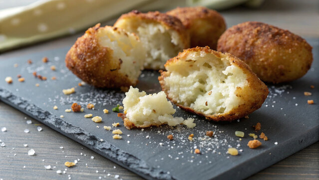 Macro salt cod fritters with rough golden crust, flaky interior texture and soft natural minimal lighting composition