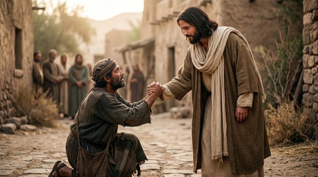 Jesus Christ helping a kneeling man in a biblical village. Religious scene depicting compassion, healing, and faith. Symbol of Christian grace, salvation, and divine love.