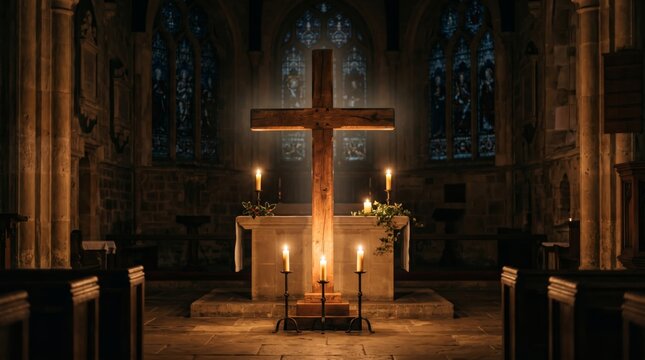 Wooden cross glowing on church altar with burning candles. Spirit of prayer inside dim cathedral. Concept of catholic faith, worship, spirituality, religion, mystery and peace.