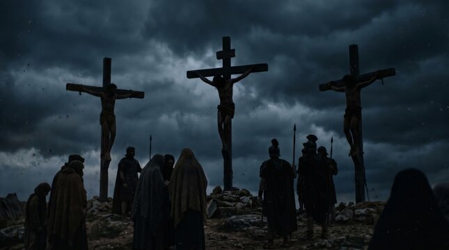 Jesus Christ crucified on cross with spectators at Golgotha. Biblical scene of crucifixion with Roman soldier and mourning woman. Easter religious illustration of sacrifice and faith.