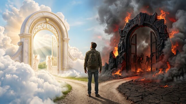 Man standing at a crossroads between heaven and hell. Conceptual art depicting the choice between salvation and damnation. Religious metaphor for spiritual afterlife and human dilemma.