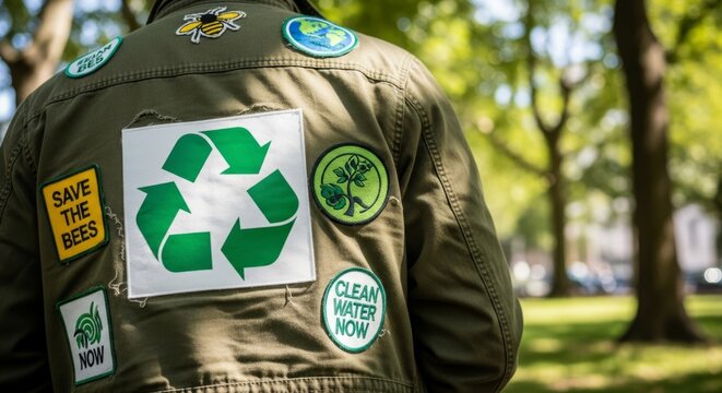 Environmental activist jacket with recycling and save the bees patches in sunny park, symbolizing eco-consciousness and sustainability movement.
