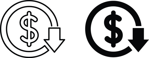 Obraz premium Cost saving icon pack, dollar down and profit decrease symbols, expense reduction graphics, financial loss and budget control indicators