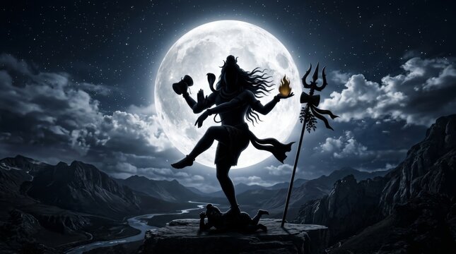 Silhouette of Lord Shiva performing cosmic dance Nataraja against a giant full moon. Divine Hindu deity with trident in night sky over mountain landscape. Spiritual meditation concept.