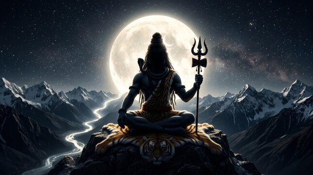 Hindu god Shiva sitting in lotus pose on mountain peak against full moon. Deity holding trident on tiger skin mat. Spiritual meditation, divine power and ancient Indian mythology.