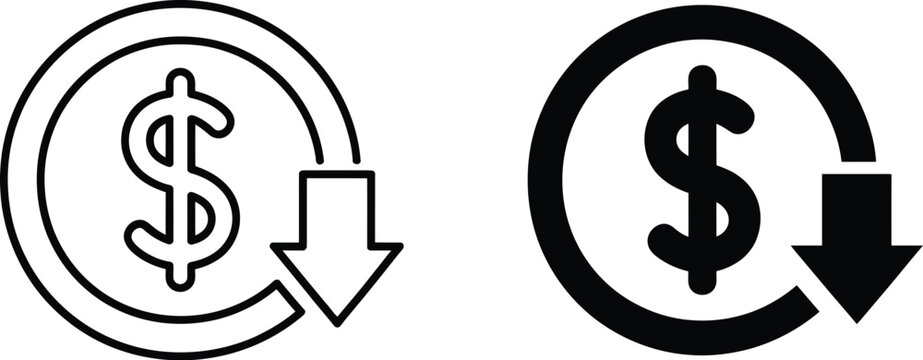 Cost saving icon pack, dollar down and profit decrease symbols, expense reduction graphics, financial loss and budget control indicators
