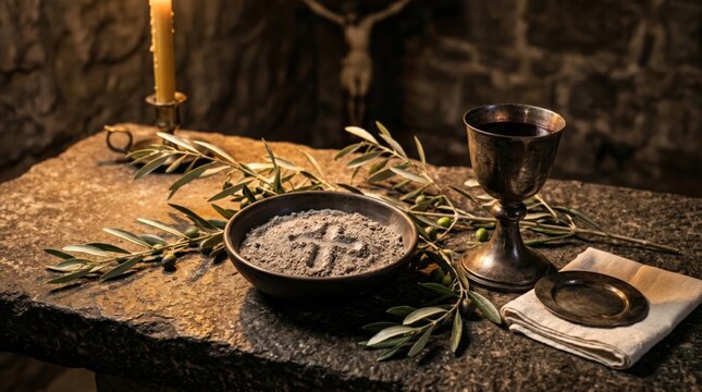 Bowl with ash marked with cross and silver chalice on stone table. Religious objects for Ash Wednesday and Lent. Catholic tradition and christian ritual in church altar setting.
