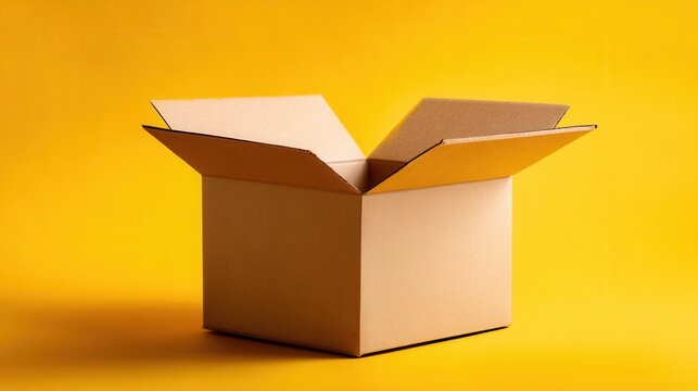 Open cardboard shipping box isolated on yellow background