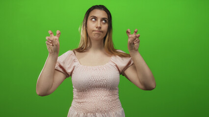 Obraz premium Woman makes air quotes with both hands showing fingers and raised eyebrows in a studio; skepticism irony doubt.