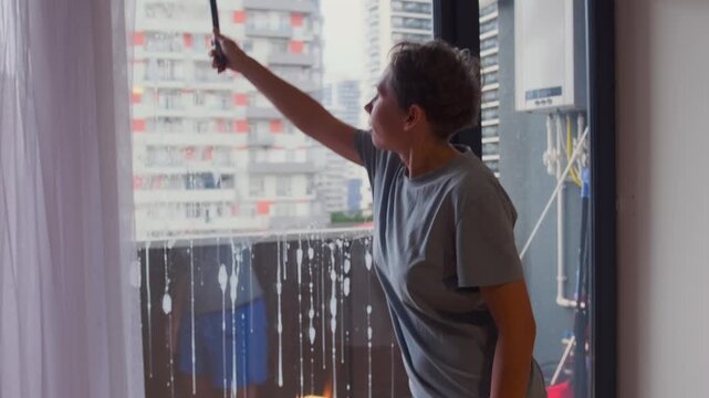 Woman washing window glass with cleaning brush, removing dirt and streaks from surface, maintaining clarity and hygiene in modern apartment with city view, daily household cleaning routine
