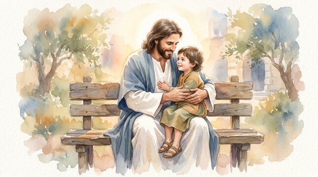 Jesus sitting on a wooden bench and holding a smiling child. Biblical scene of unconditional love and blessing. Religious watercolor illustration for greeting card and church theme.