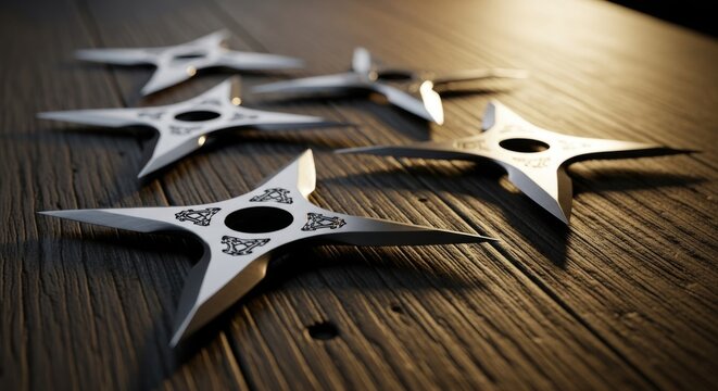 Steel Shuriken on Rustic Wood Table with Dramatic Lighting, Evoking Discipline and Focus