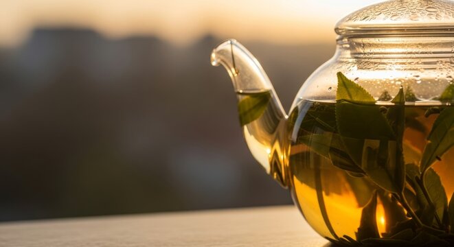 Glass teapot with brewed tea and green leaves, backlit by warm golden hour sunset light, offering serene ambiance and copy space.